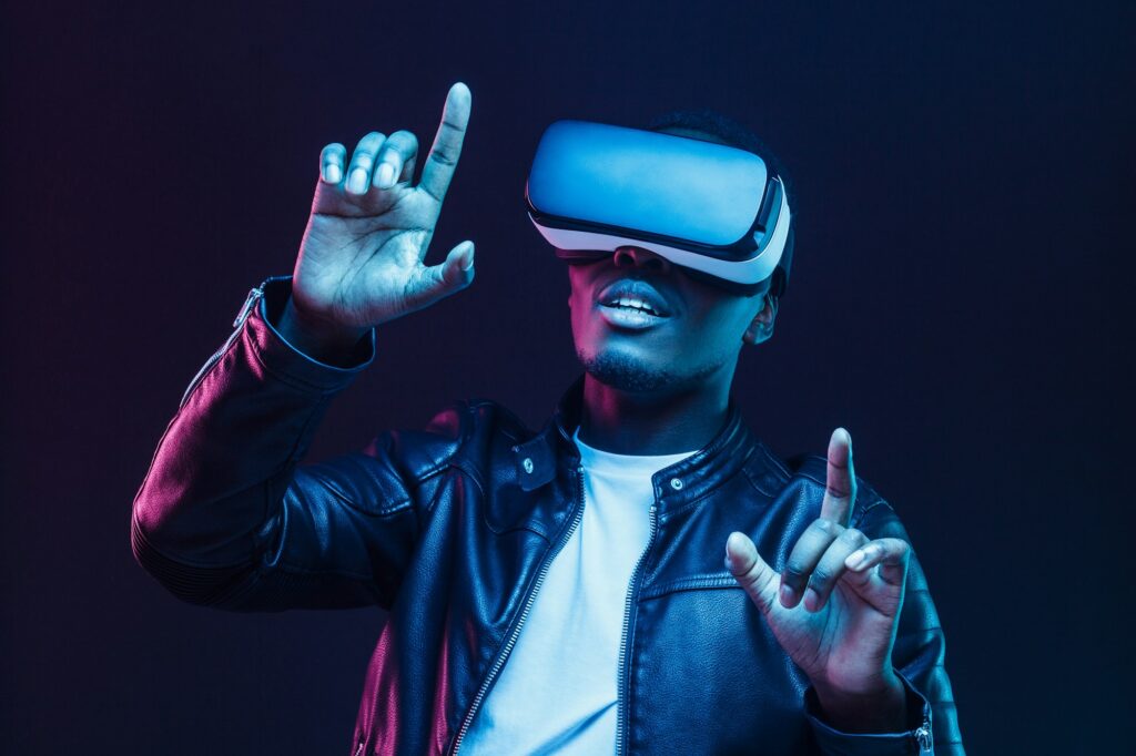 African man wearing virtual reality headset